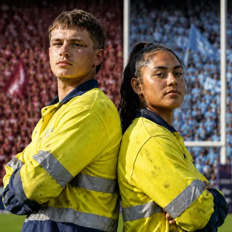 Two workers in high-visibility uniforms standing back-to-back at sports stadium.