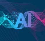 The word AI stylised using swirls of blue, green, purple and pink on a dark background