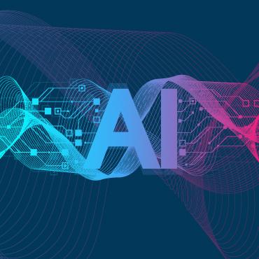 The word AI stylised using swirls of blue, green, purple and pink on a dark background