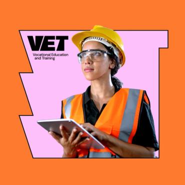 Cutout of worker in hi vis and PPE holding tablet on a pink and orange stylised background
