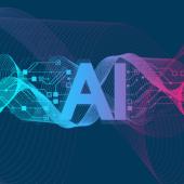 The word AI stylised using swirls of blue, green, purple and pink on a dark background