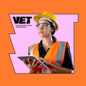 Cutout of worker in hi vis and PPE holding tablet on a pink and orange stylised background