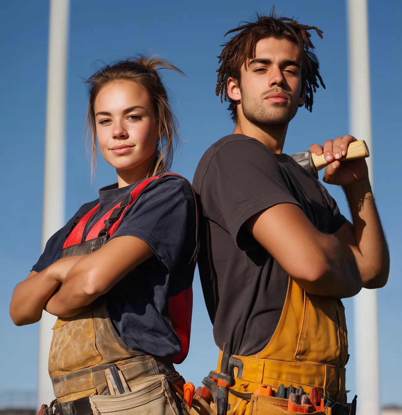 Two workers wearing overalls standing back to back on a field