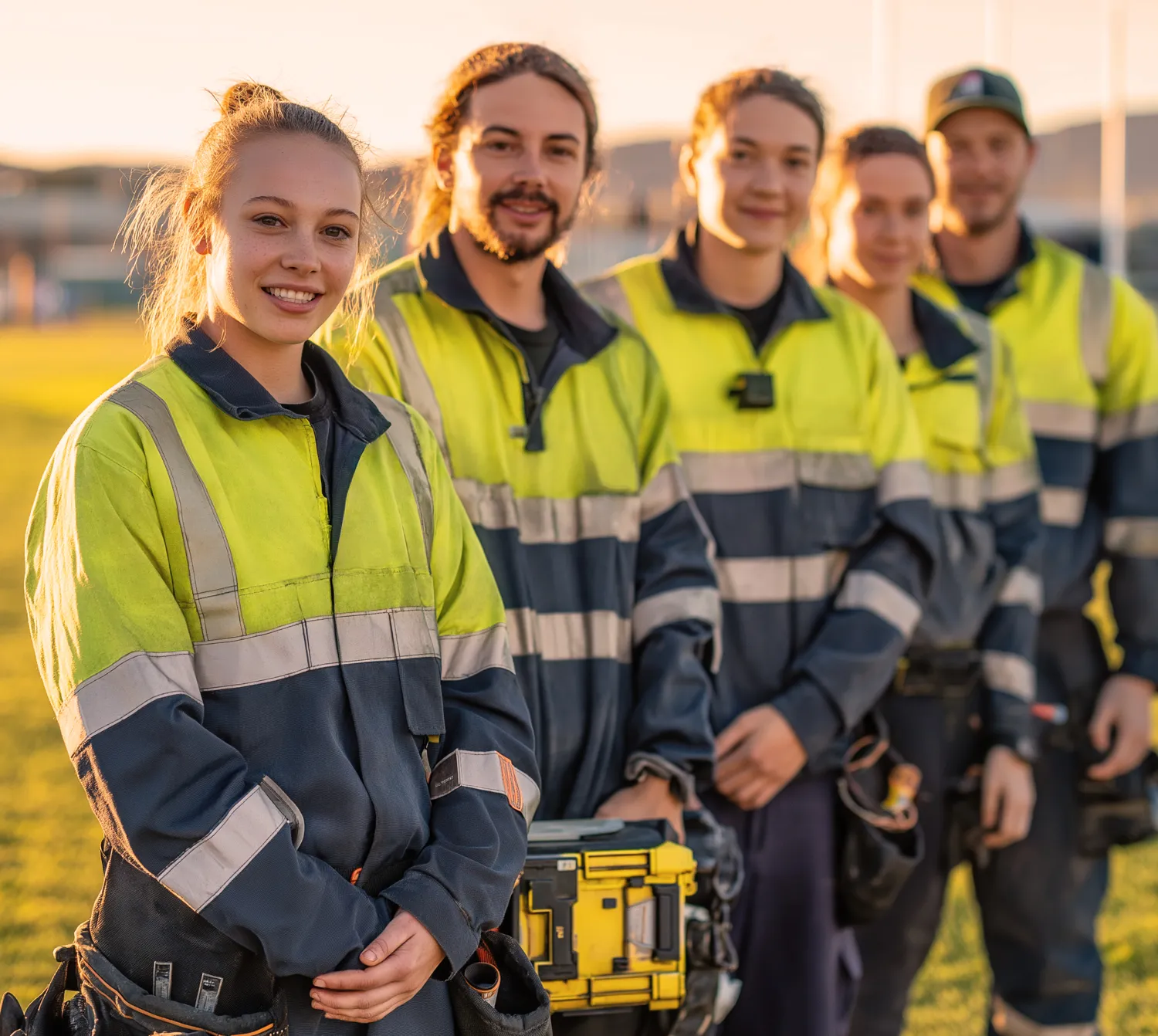 Line up of tradespeople wearing yellow high visibility workwear while standing on a field