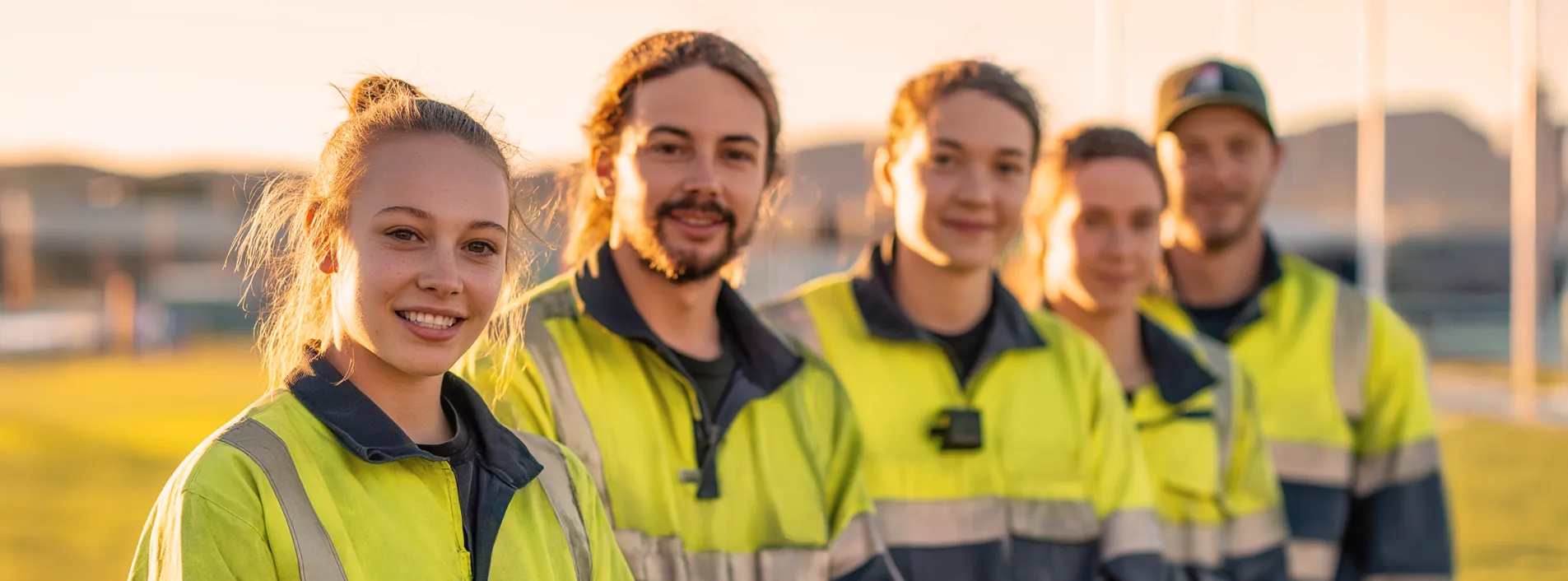 Line up of tradespeople wearing yellow high visibility workwear while standing on a field