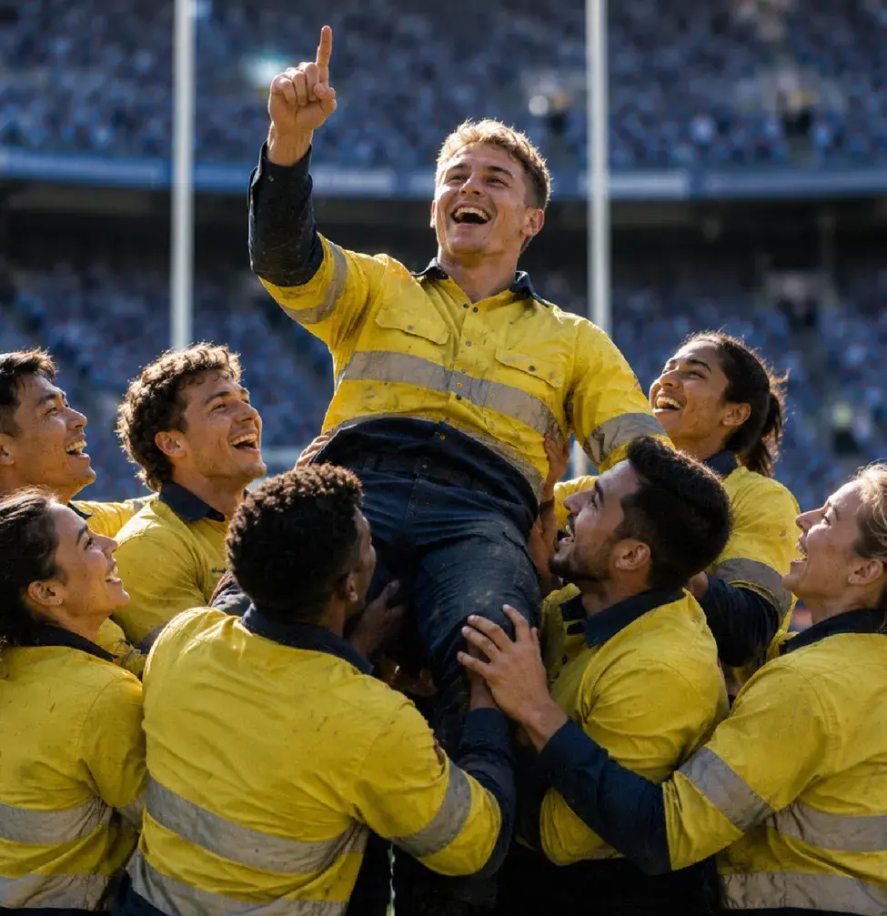 Group lifts teammate in high-visibility uniform celebrating on sports field.