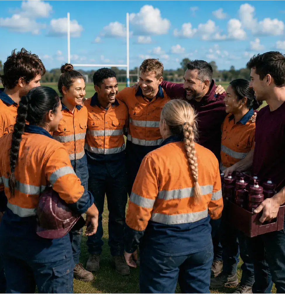 Team in high-visibility uniforms huddle together on grassy sports field.