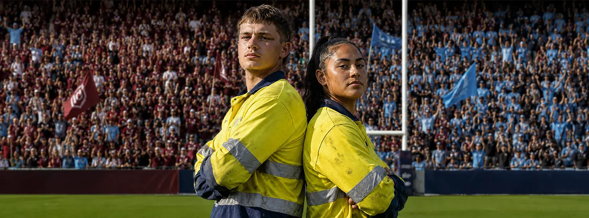 Two workers in high visibility uniforms standing back to back at sports stadium