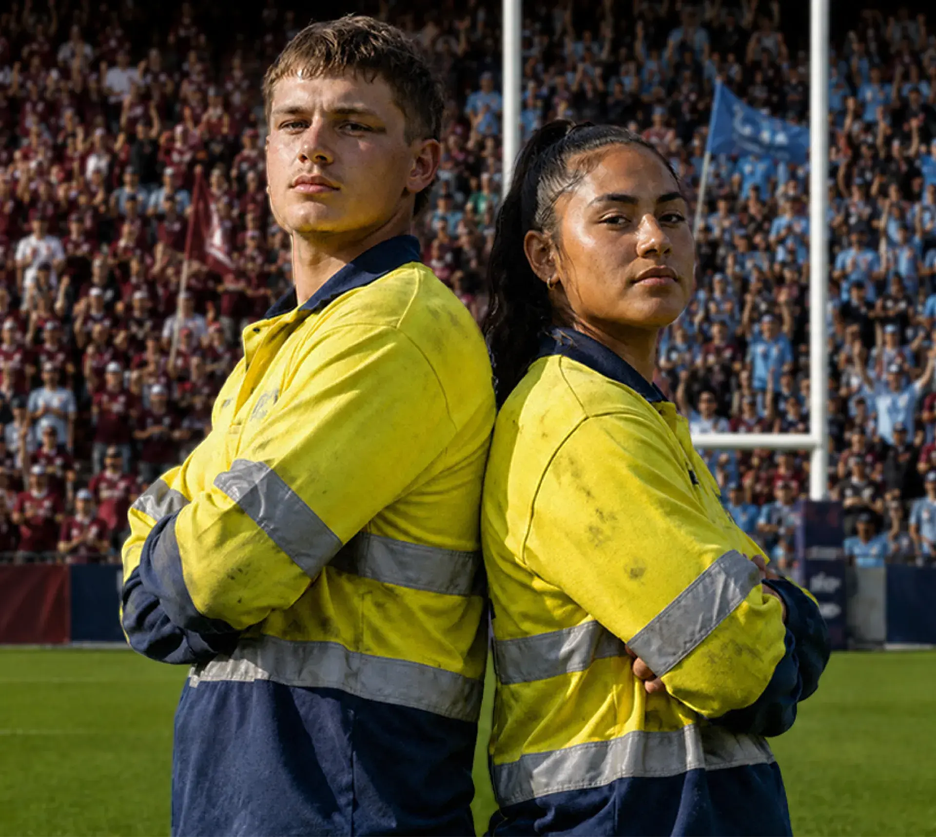 Two workers in high-visibility uniforms standing back-to-back at sports stadium.